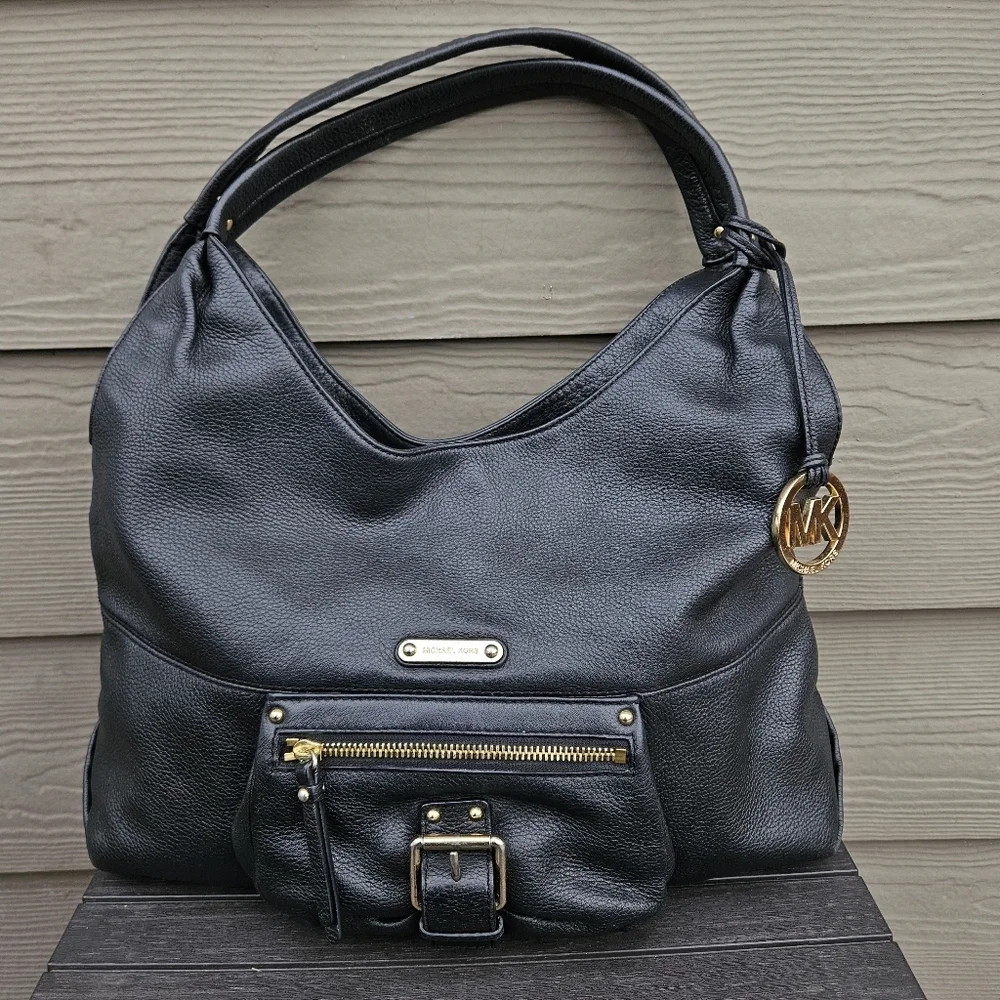 Michael Kors Austin Large Black Hobo Shoulder Bag Purse Full-Grain Leather